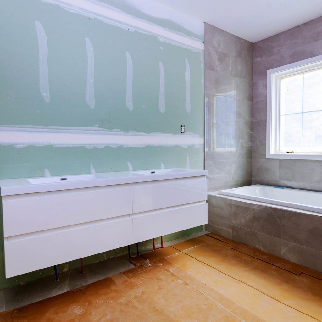 Construction details with industry renovation shower in tiled bathroom with windows molding